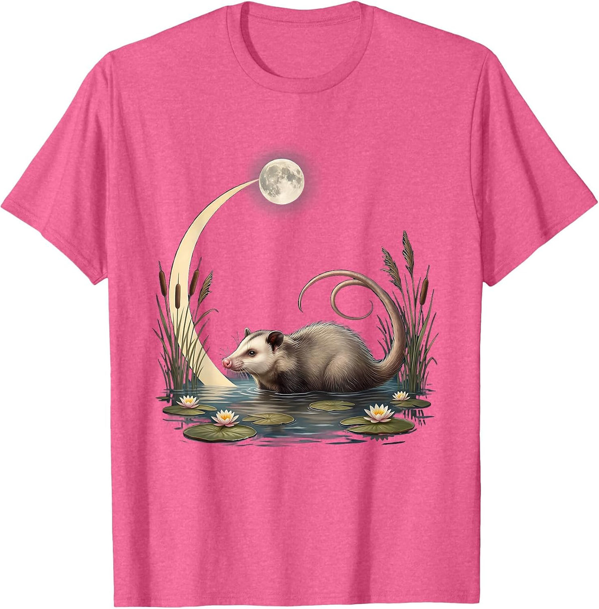 Opossum Swimming in Moonlit Pond Graphic T-Shirt - Pink Heather