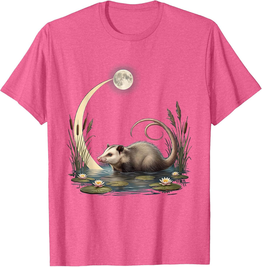 Opossum Swimming in Moonlit Pond Graphic T-Shirt - Pink Heather