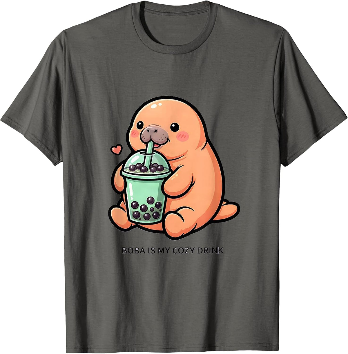 Men's Boba Is My Cozy Drink Cute Kawaii Manatee Bubble Tea Lover T-Shirt - Asphalt Grey