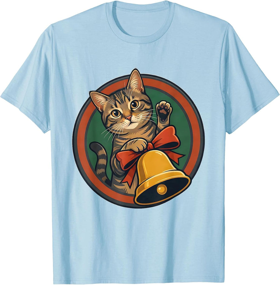 Men's Circular Badge Tabby Cat Hanging Christmas Bell Funny T-Shirt - Baby Blue