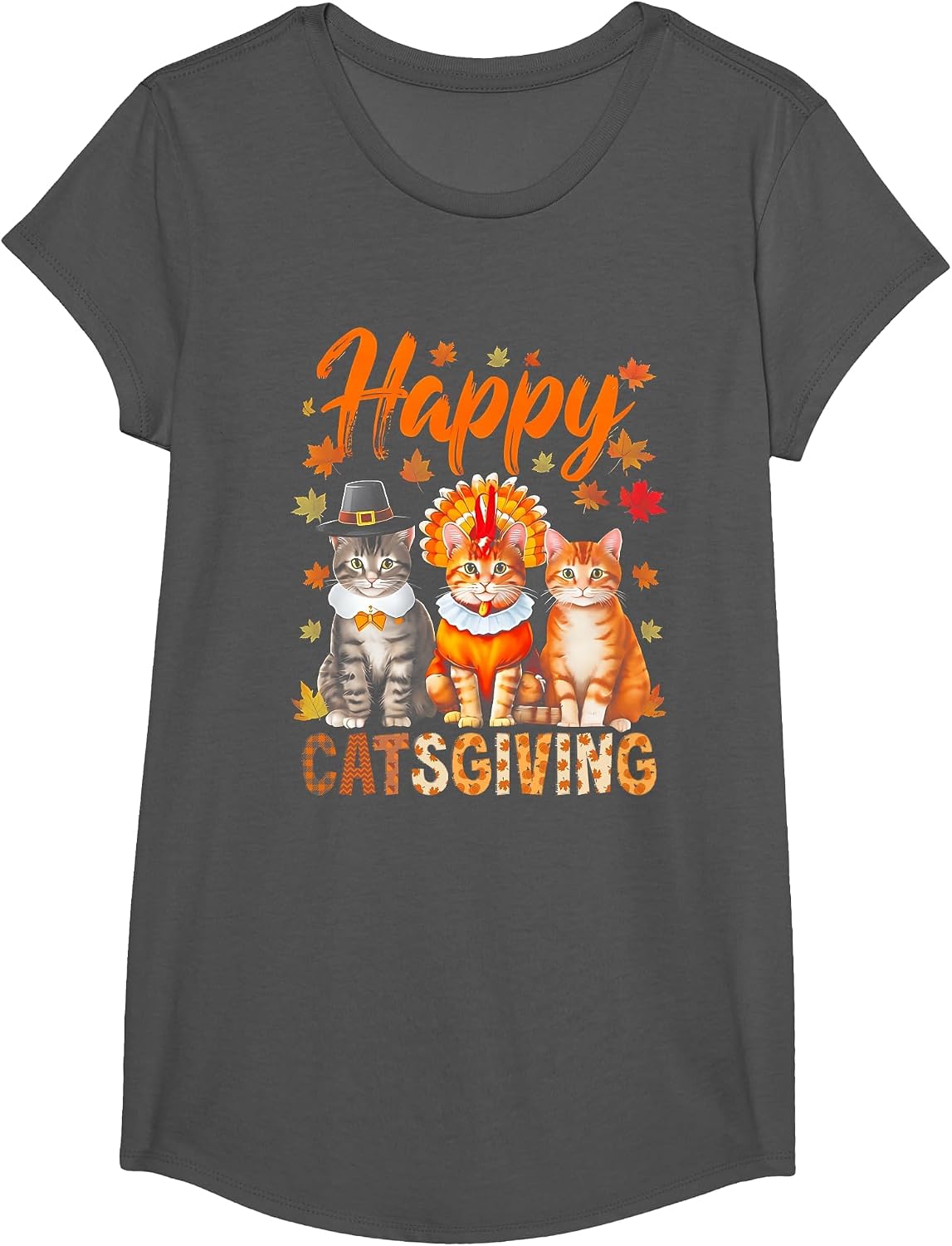 Happy Catsgiving Cute Thanksgiving Cat Wears Pilgrim Hat T-Shirt - Girls Asphalt Grey