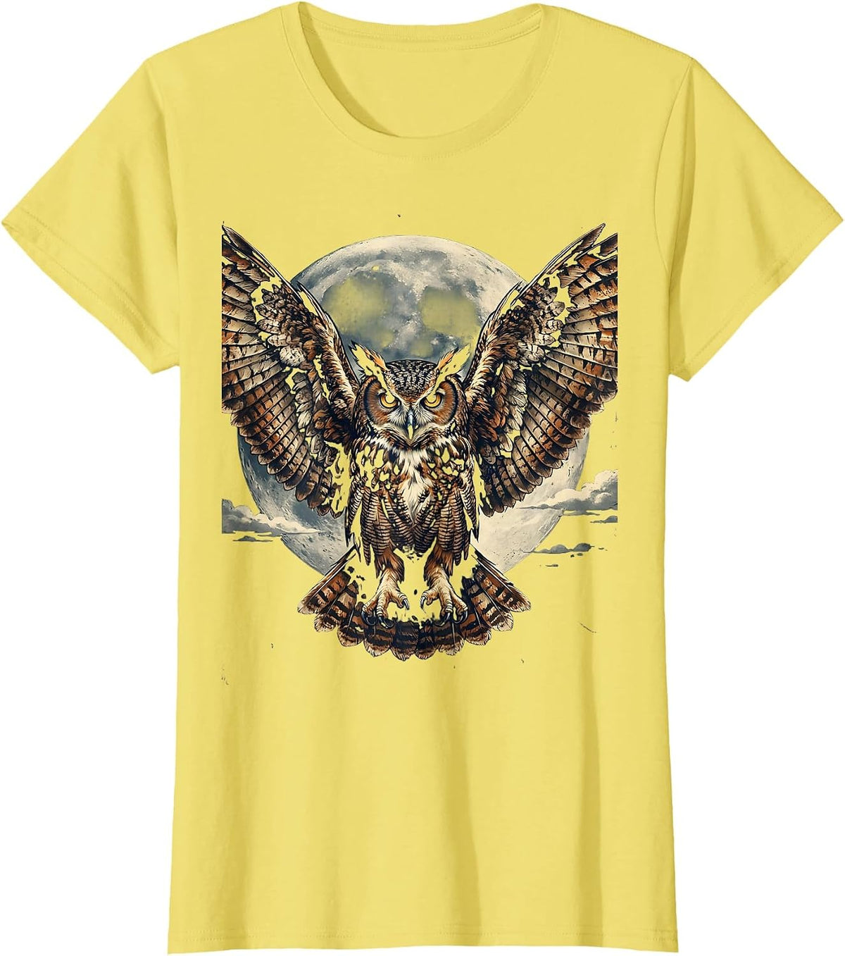 Women's Owl Wide Wings Night Sky Freedom Graphic T-Shirt - Lemon Yellow