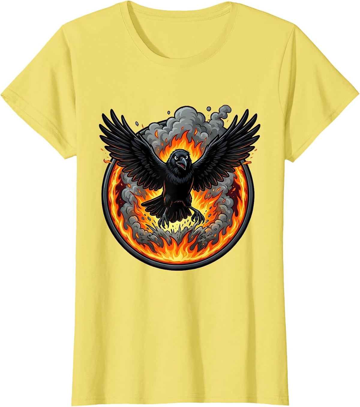 Crow Rising From Smoke and Flames Graphic T-Shirt - Lemon Yellow