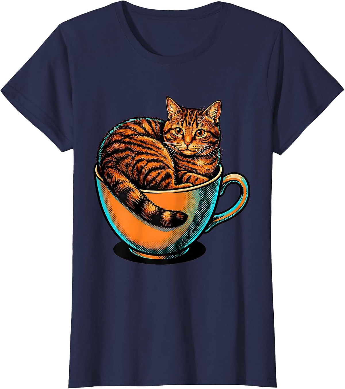 Women's Cozy Tabby Cat Curled in a Teacup Illustration T-Shirt - Navy Blue
