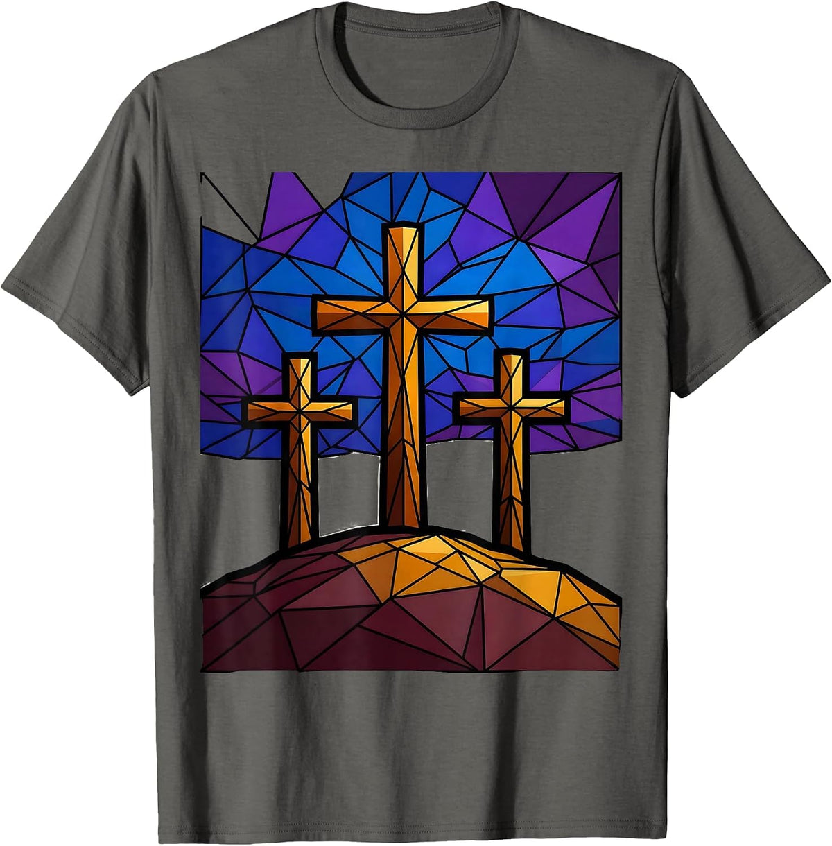 Three Crosses on Barren Hilltop Christian Design T-Shirt - Asphalt Grey