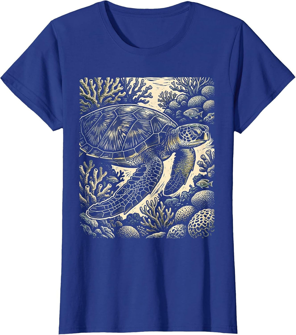 Women's Sea Turtle Coral Reef Ocean Illustration T-Shirt - Royal Blue