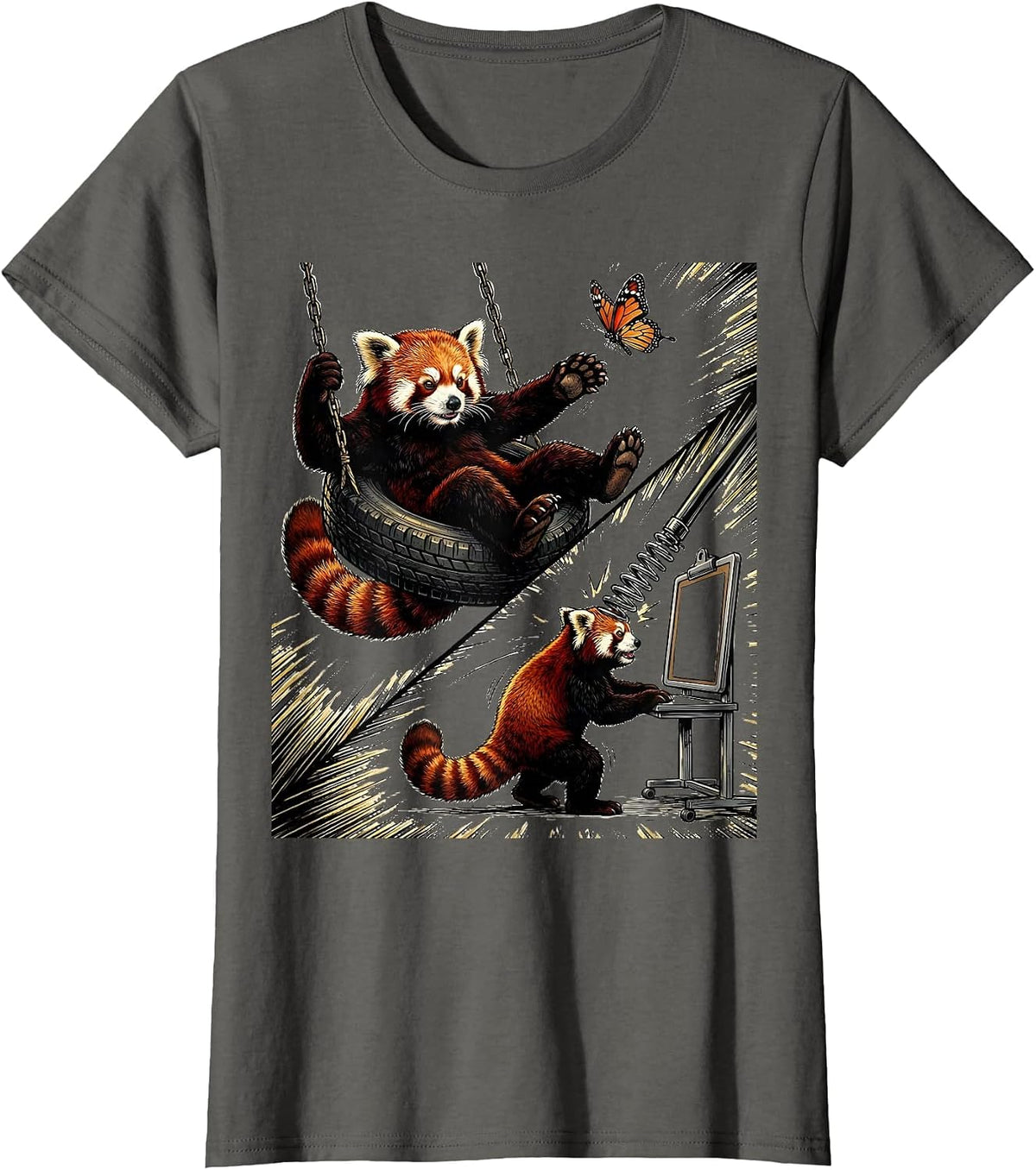Women's Red Panda Dilly Dally Forced To Lock In Meme Humor T-Shirt - Asphalt Grey