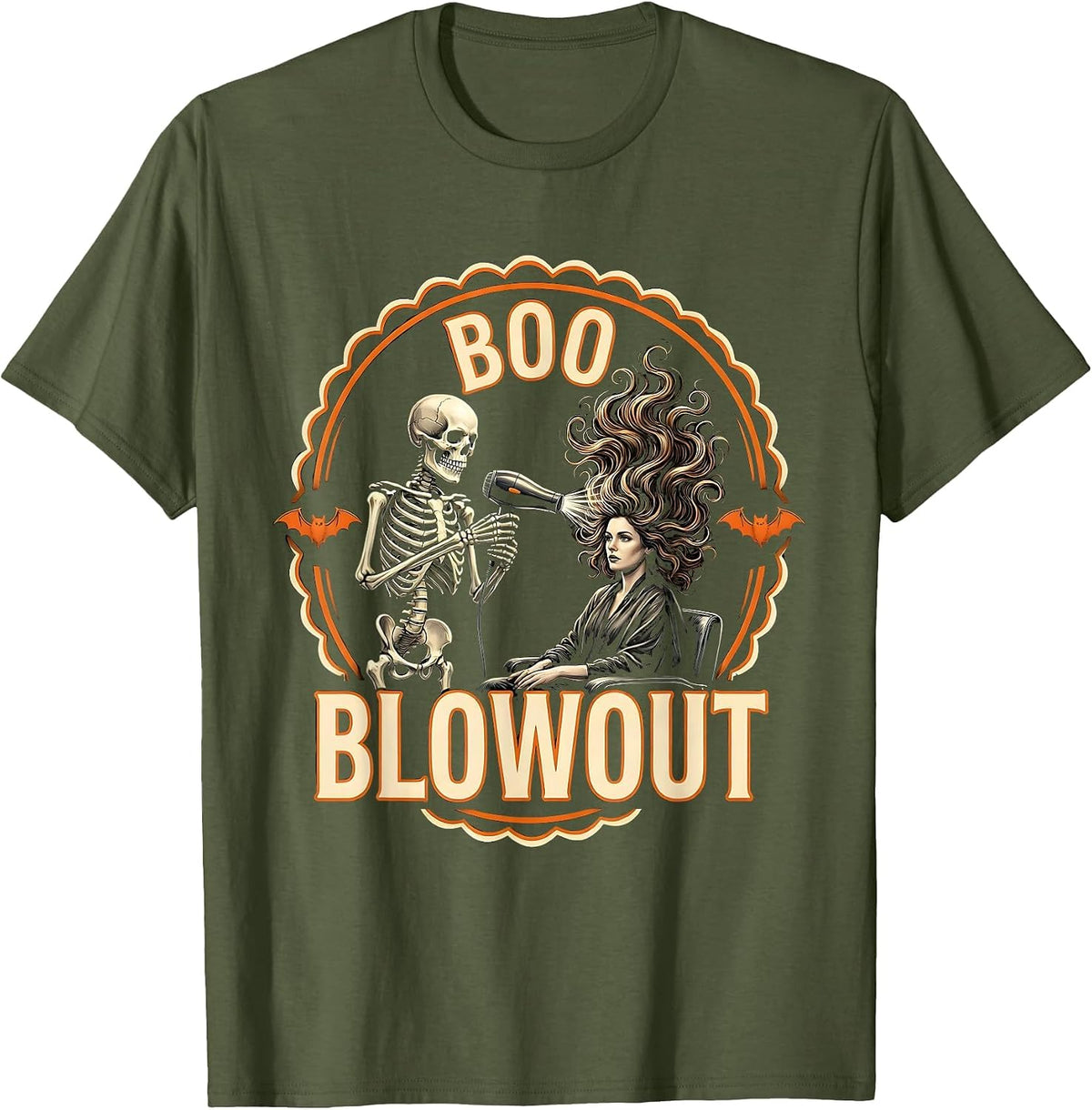 Men's Boo Blowout Skeleton Hairstylist Halloween Barber Humor T-Shirt - Olive Green