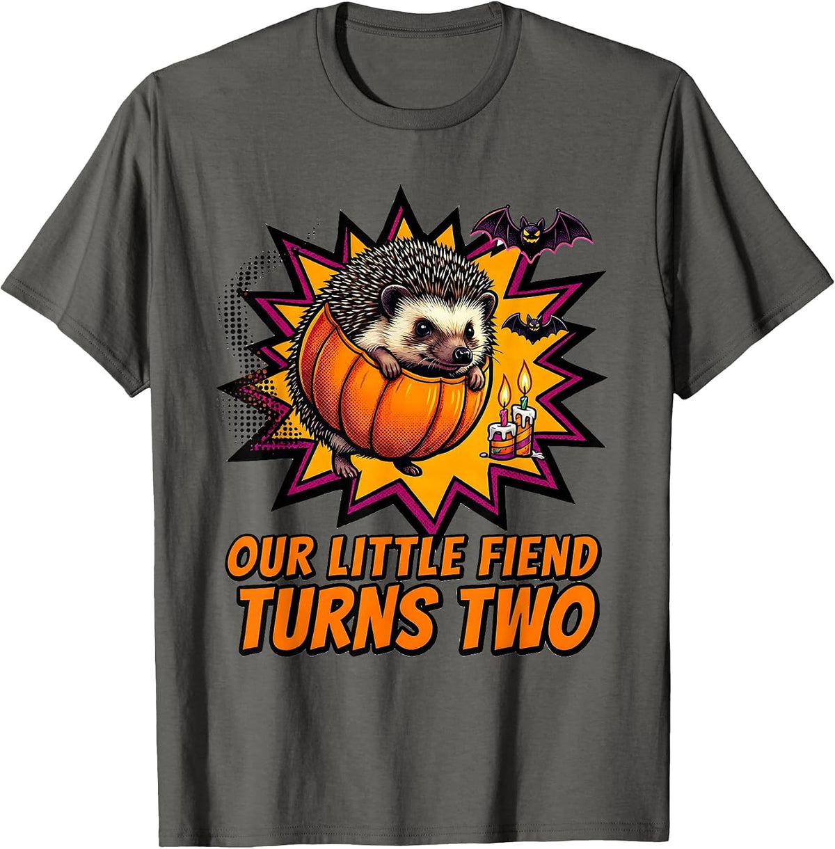 Our Little Fiend Turns Two Cute Hedgehog Halloween Toddler T-Shirt - Asphalt Grey