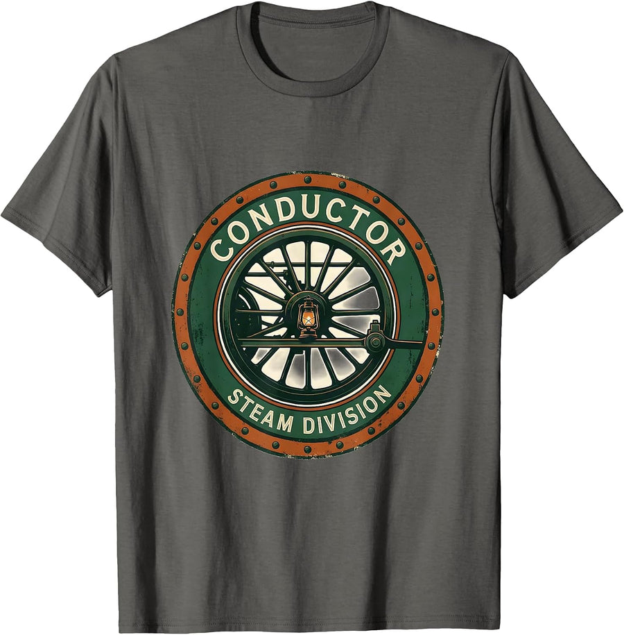 Conductor Steam Division Vintage Train Enthusiast Railroad T-Shirt - Asphalt Grey