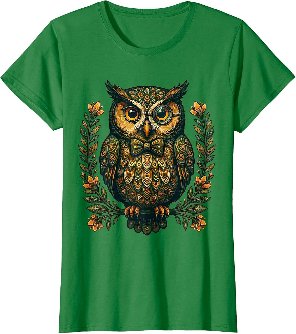 Women's Distinguished Owl in Bow Tie and Monocle T-Shirt - Kelly Green
