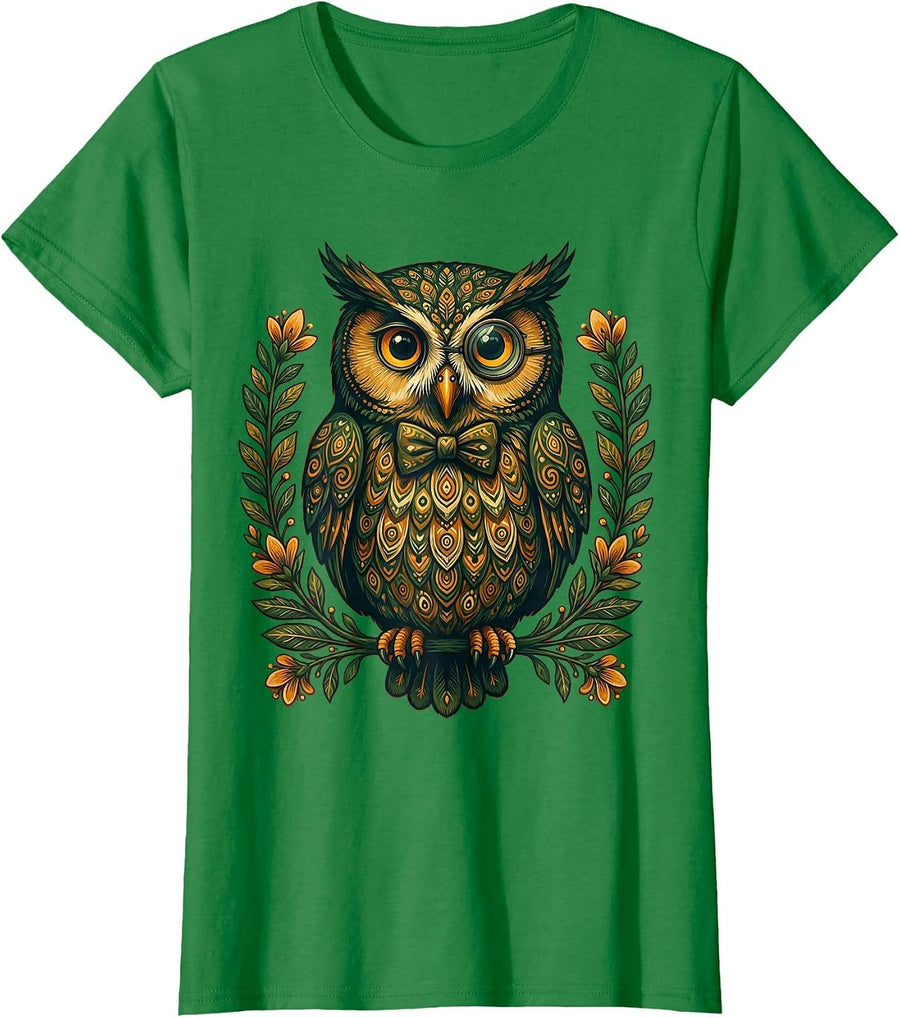 Women's Distinguished Owl in Bow Tie and Monocle T-Shirt - Kelly Green
