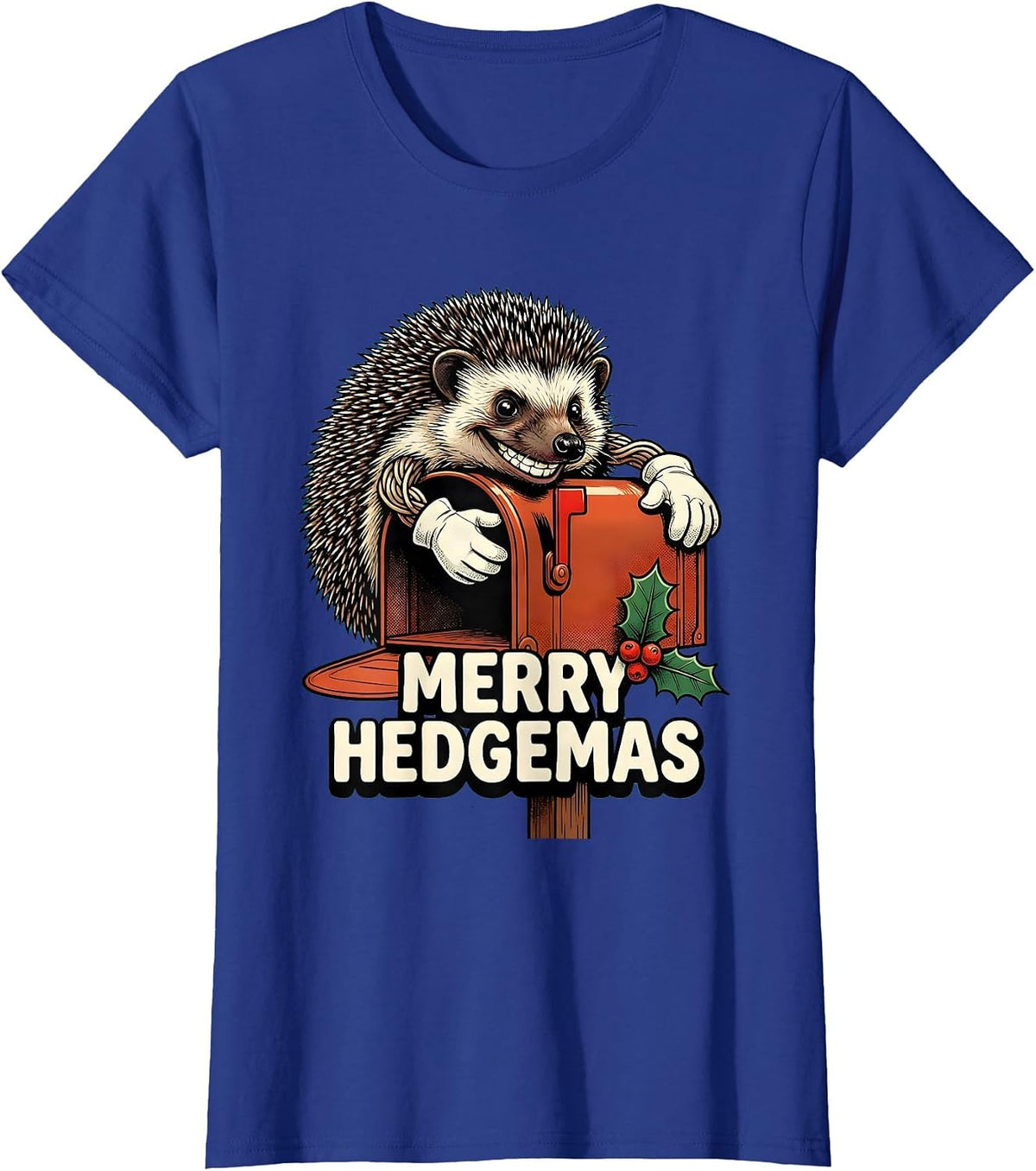 Women's Merry Hedgemas Retro Cartoon Hedgehog Christmas Humor T-Shirt - Royal Blue