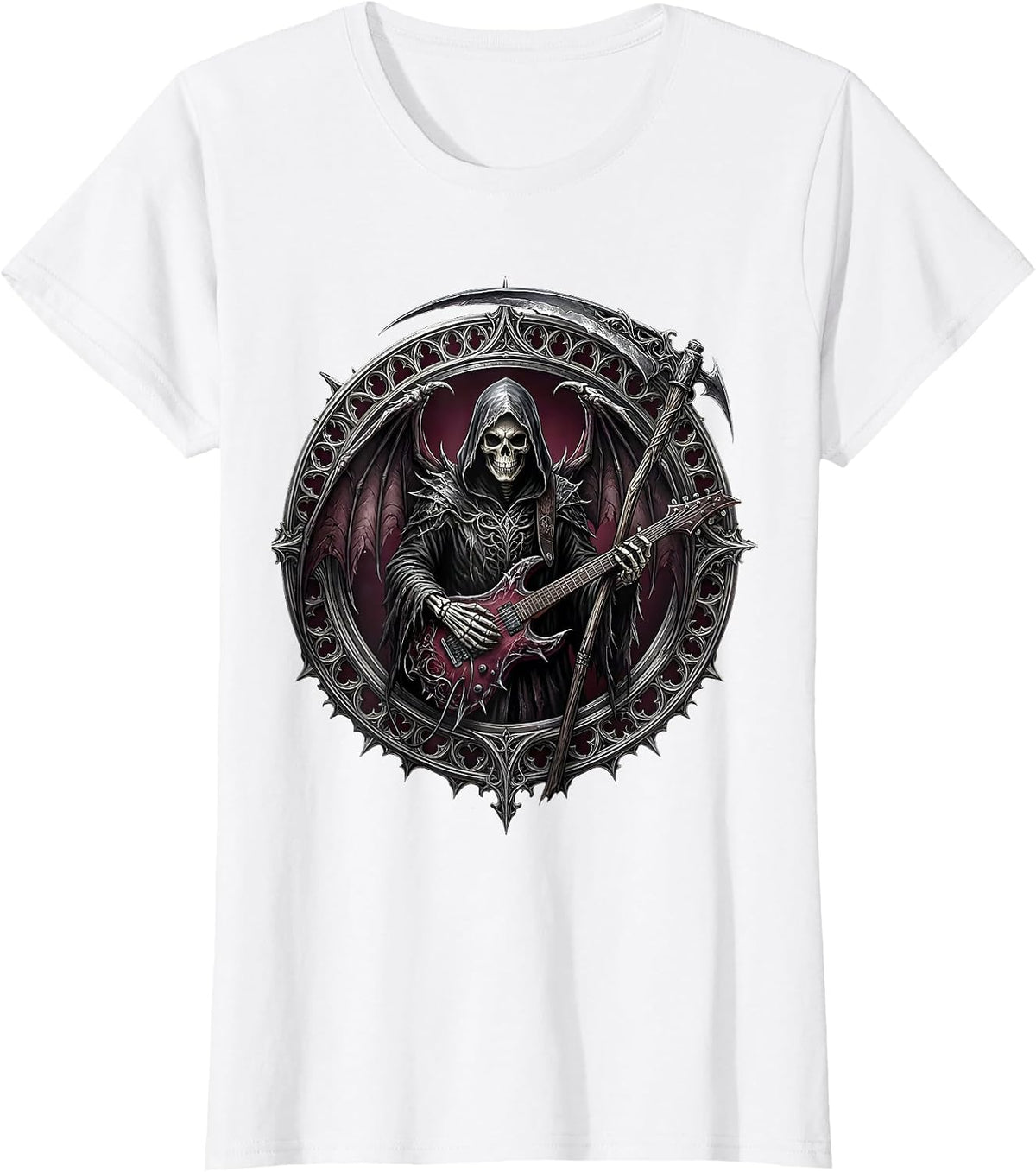 Grim Reaper Electric Guitar Rock Band Graphic T-Shirt - White