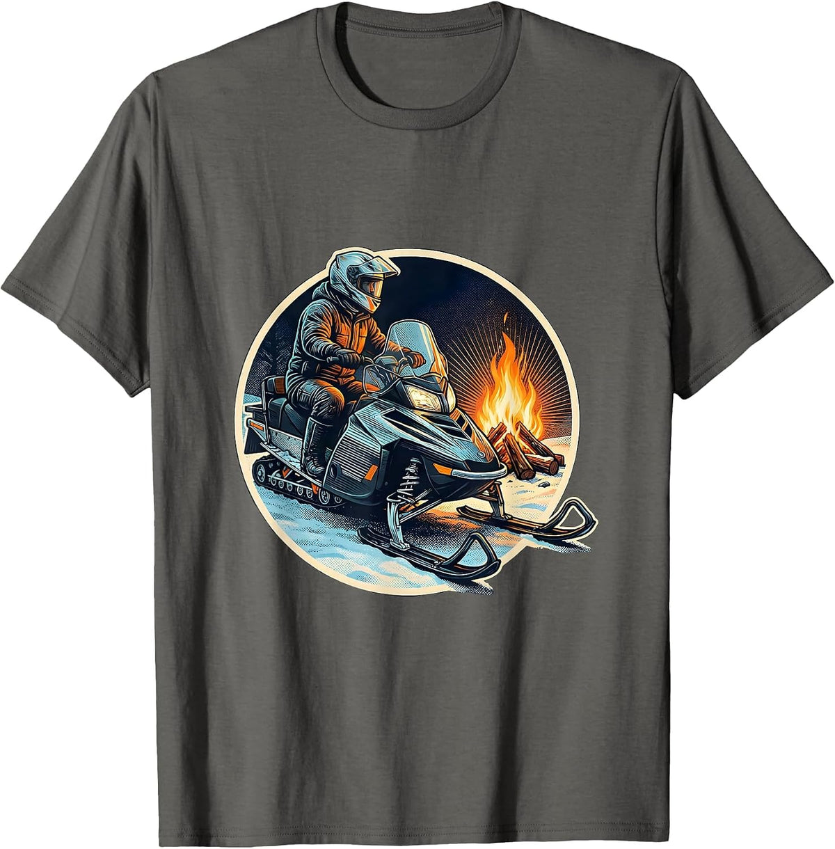 Sealed Badge Helmeted Snowmobile Rider Winter Humor T-Shirt - Asphalt Grey