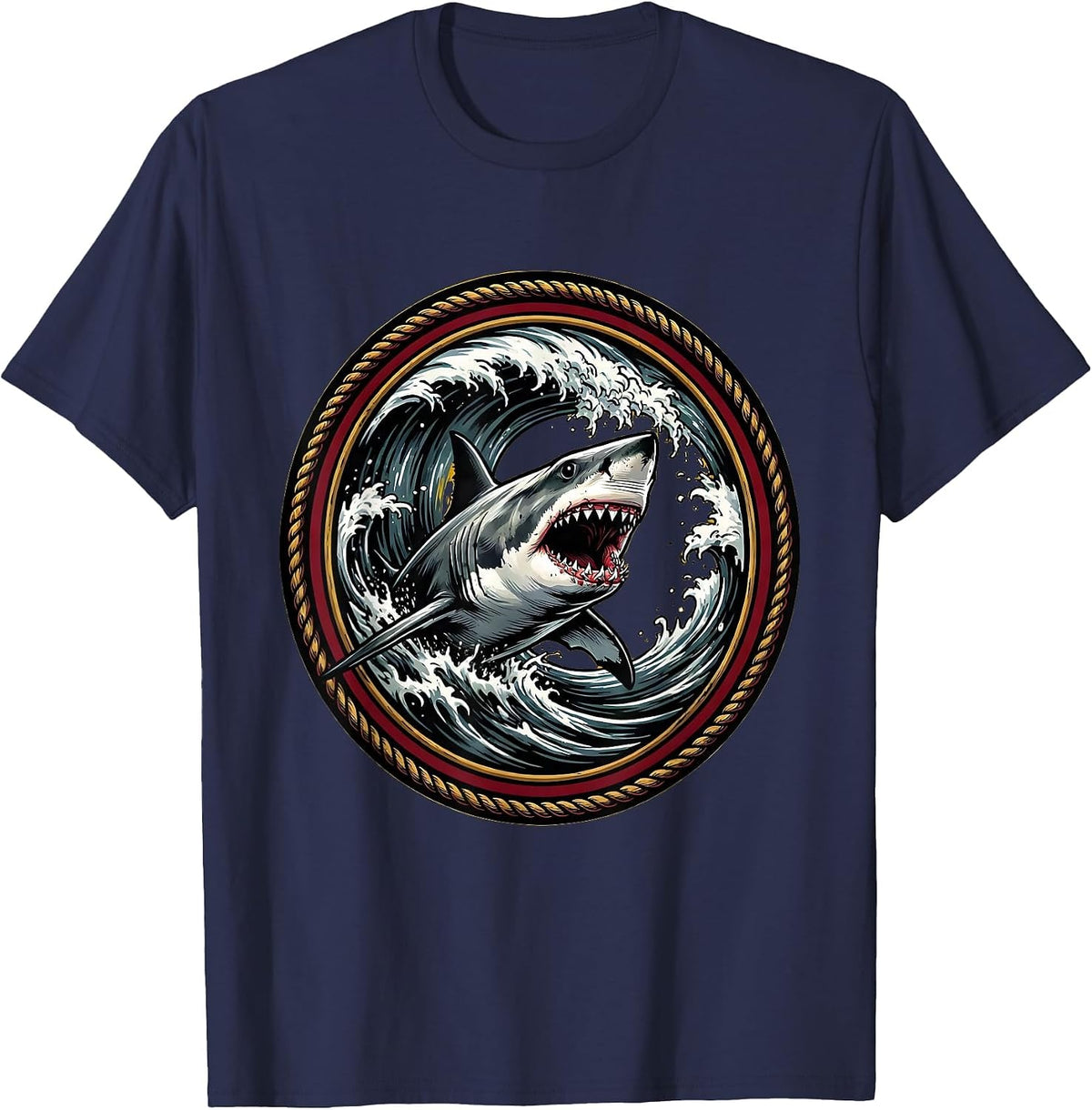 Shark Emerging From Crashing Barrel Wave T-Shirt - Navy Blue