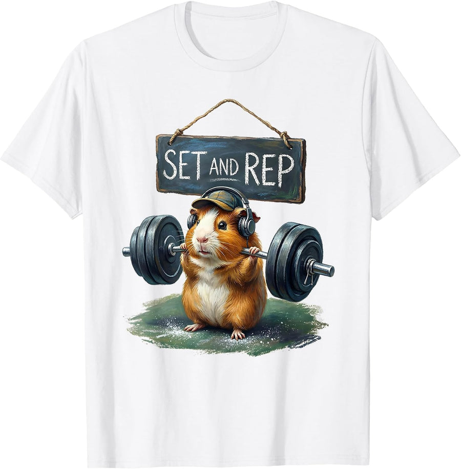 Set And Rep Storybook Funny Guinea Pig Weightlifting Gym T-Shirt - White
