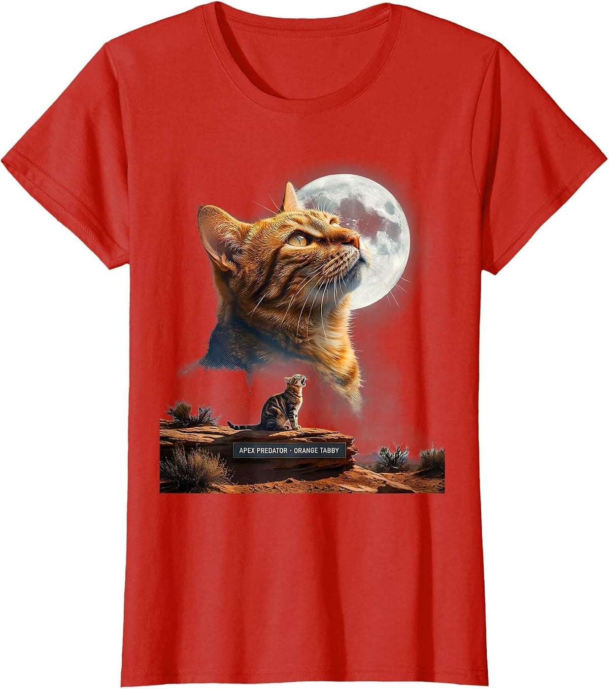 Women's Apex Predator Orange Tabby Cat Howling at Moon 90's Retro T-Shirt - Red