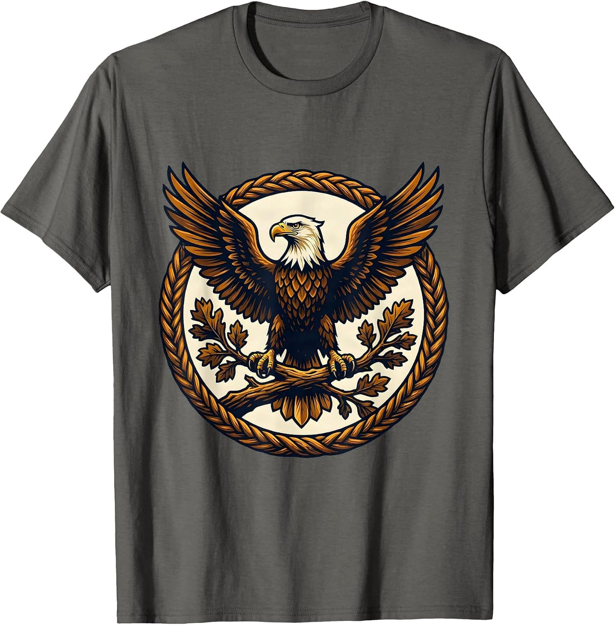 Soaring Eagle Oak Leaf Branch Patriotic Design T-Shirt - Asphalt Grey