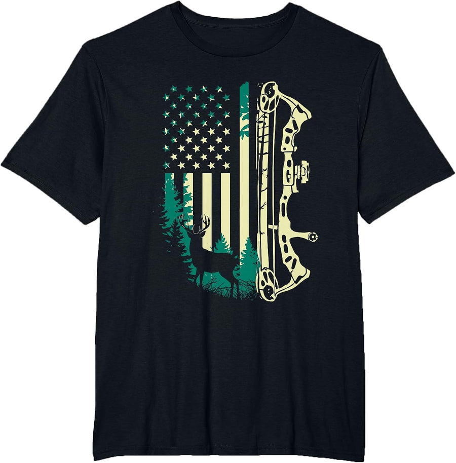 Patriotic Bowhunting USA Flag Bow Archery Deer Hunting Wild T-Shirt - Black