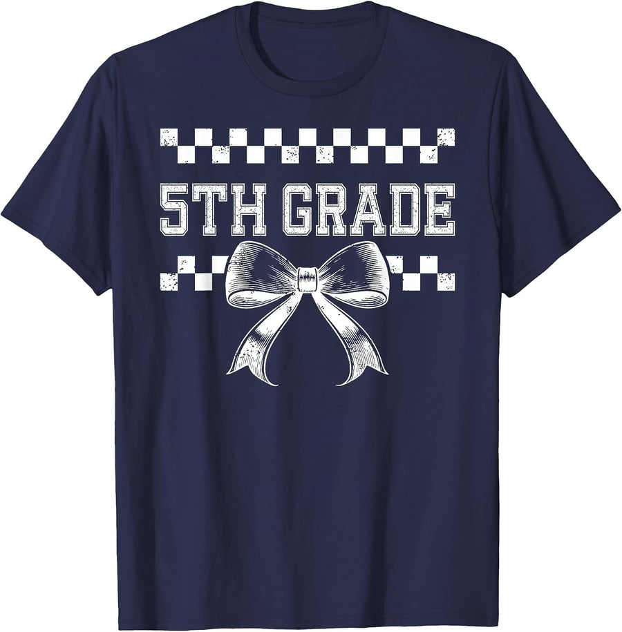 Coquette Bow 5th Grade Teacher Women Kids Preppy Fifth Grade T-Shirt - Navy Blue