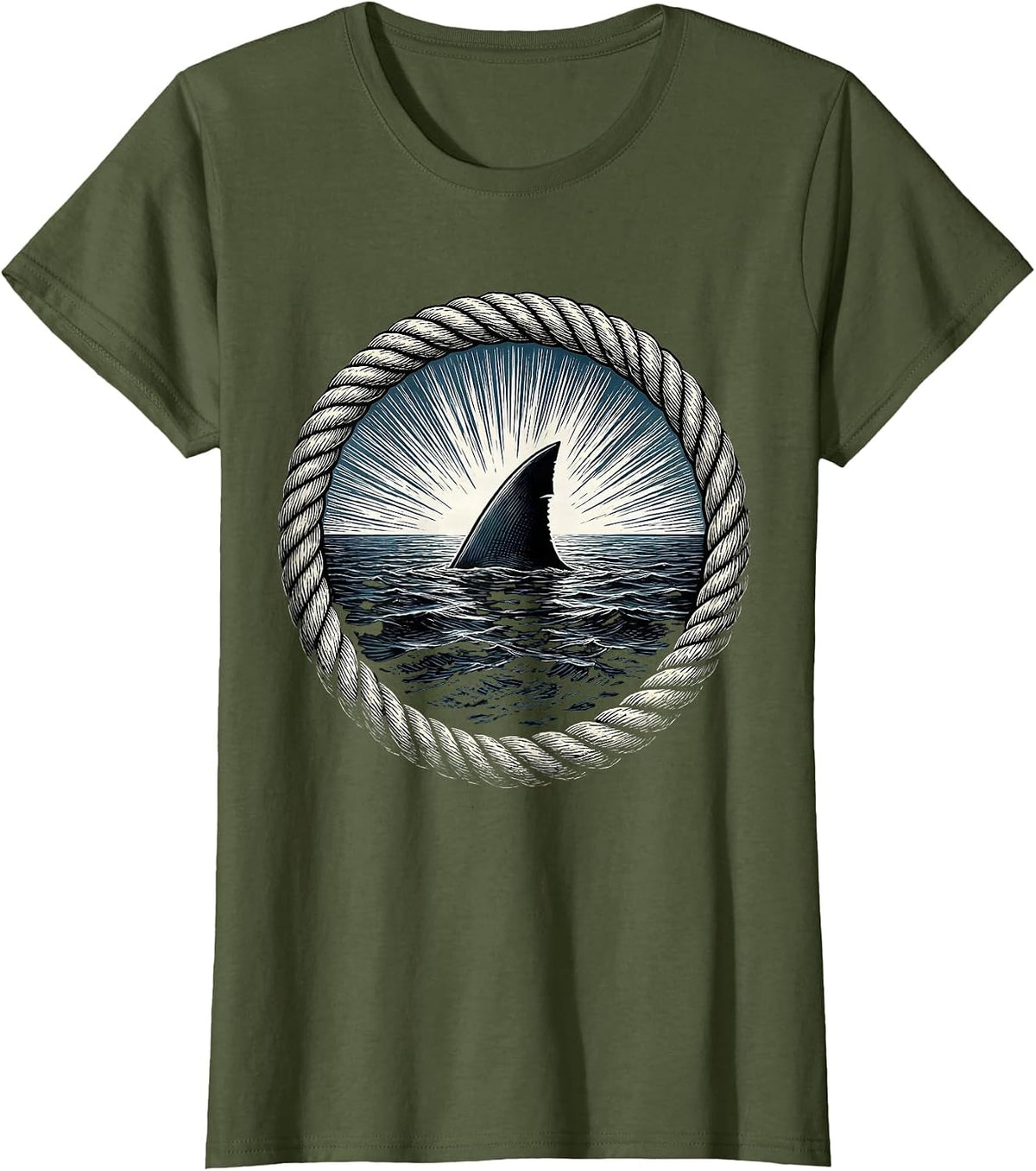 Women's Shark Fin Ocean Freedom Graphic Design T-Shirt - Olive Green