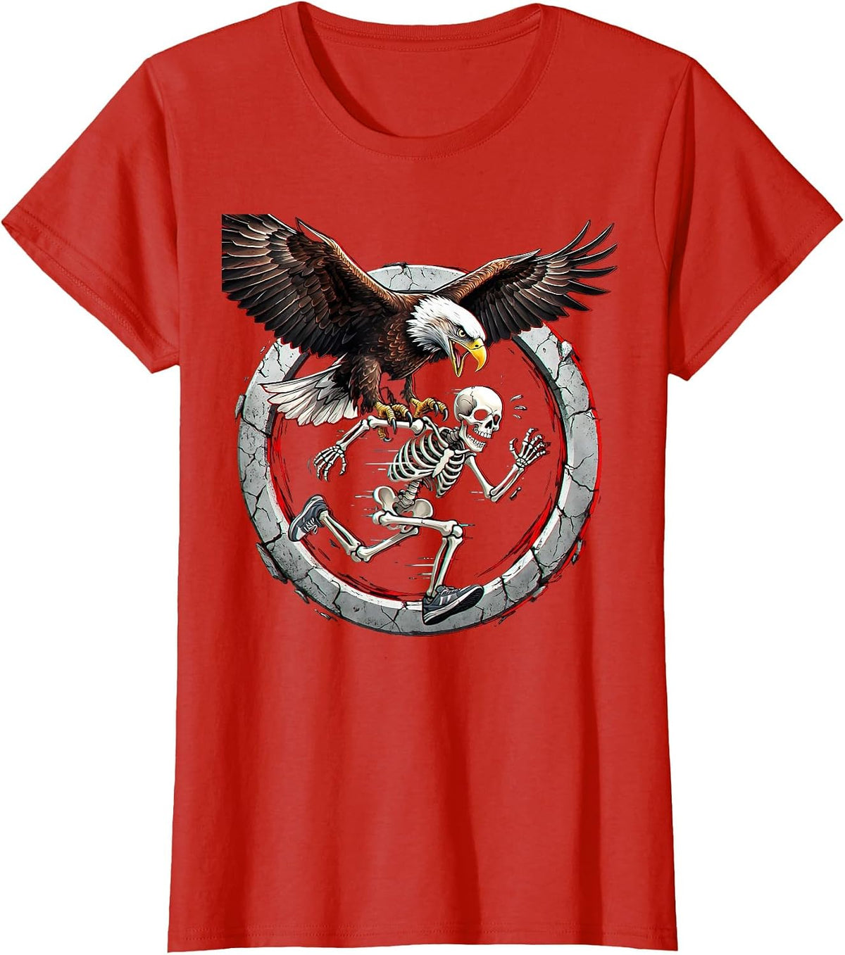 Skeleton Chased by Bald Eagle Patriotic Design T-Shirt - Red