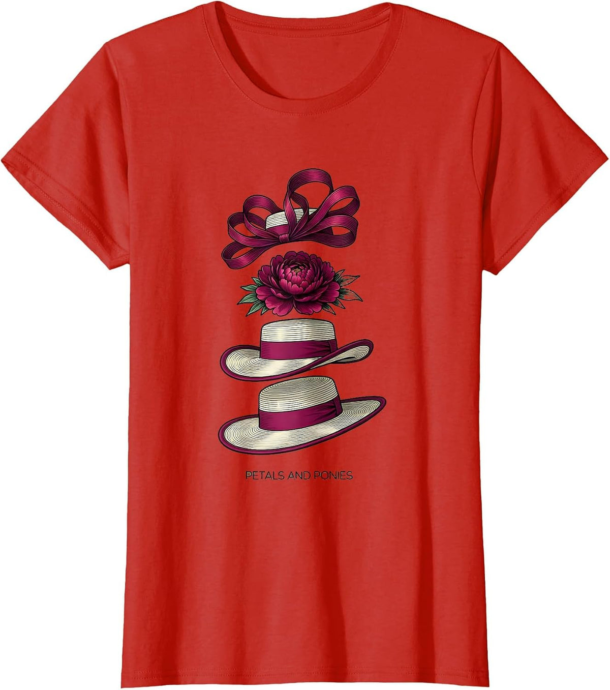 Petals and Ponies Floral Derby Fashion Design T-Shirt - Red