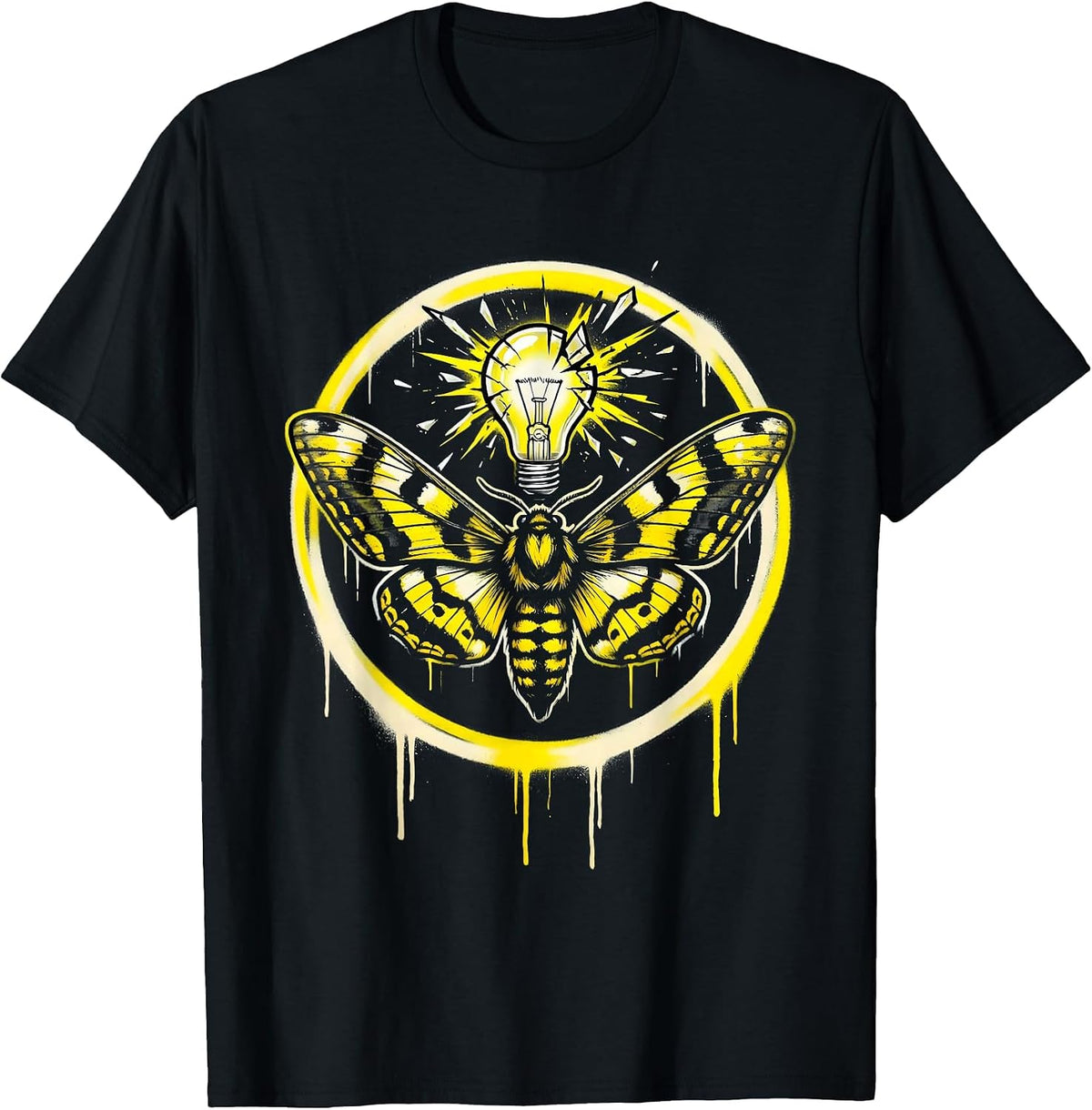 Men's Grunge Moth Shattered Light Bulb Illustration T-Shirt - Black