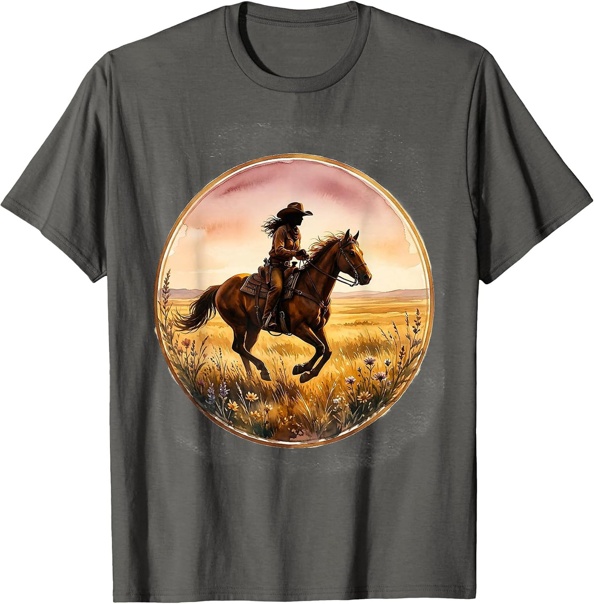 Cowgirl Riding Horse Golden Grassland Texas T-Shirt - Asphalt Grey
