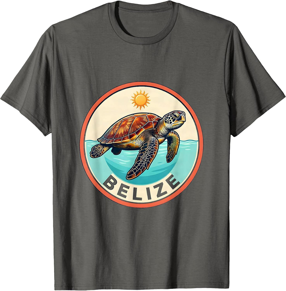Men's Belize Vintage Sea Turtle Badge Beach Vacation Souvenir T-Shirt - Asphalt Grey