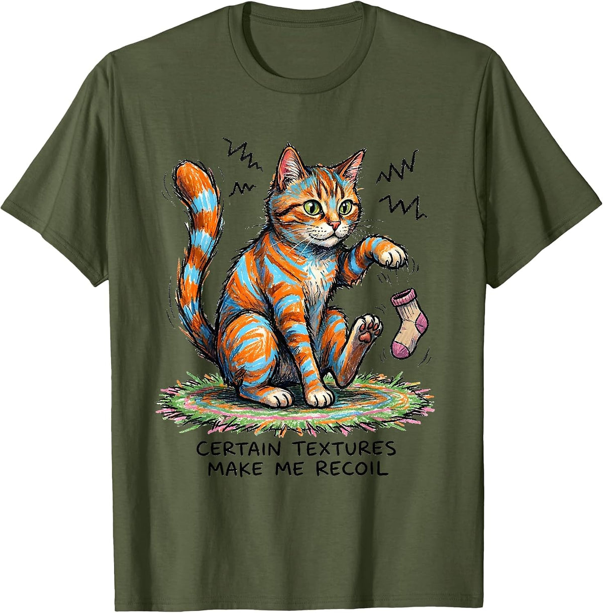 Men's Certain Textures Make Me Recoil Naive Kidcore Neurodiversity T-Shirt - Olive Green