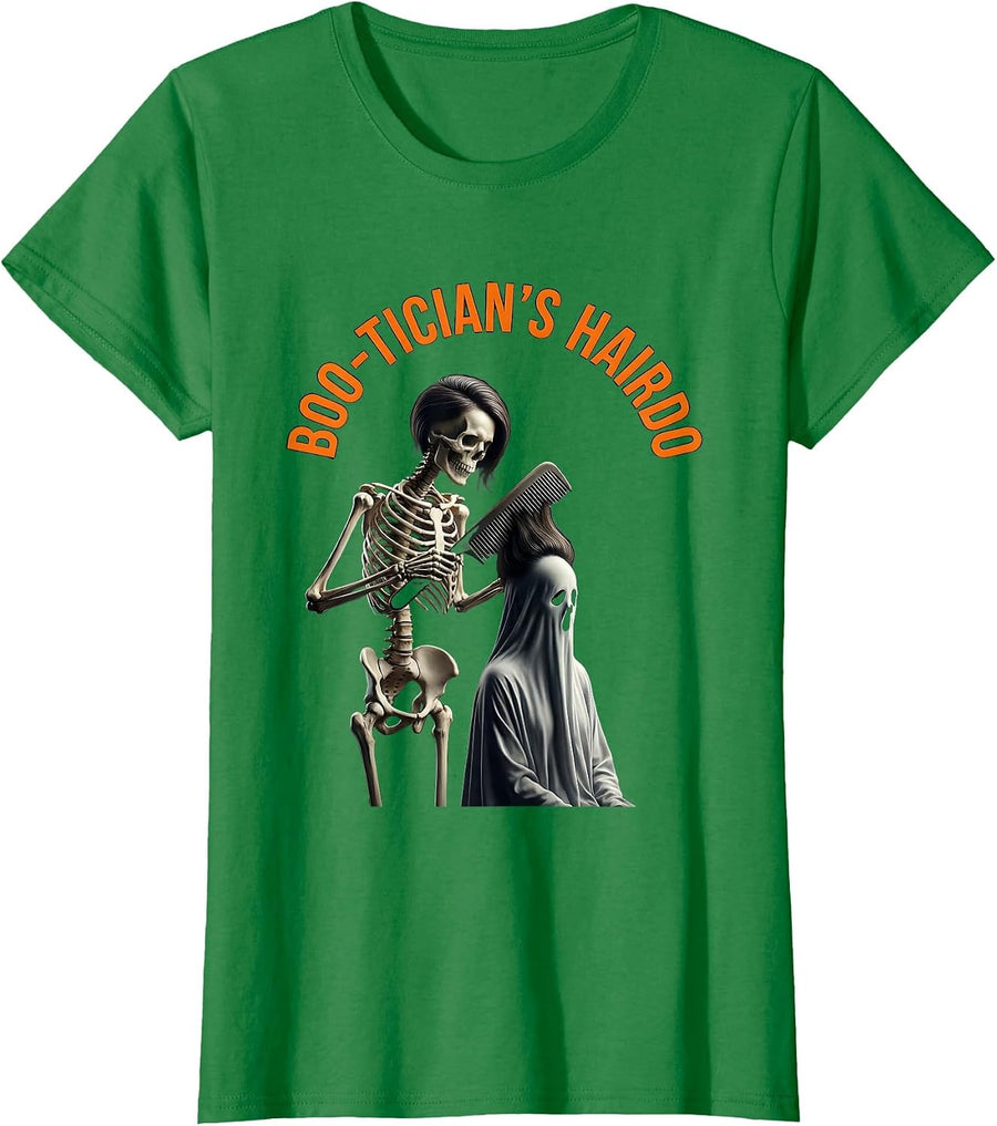 Women's Boo-tician's Hairdo Minimalist Skeleton Hairstylist T-Shirt - Kelly Green
