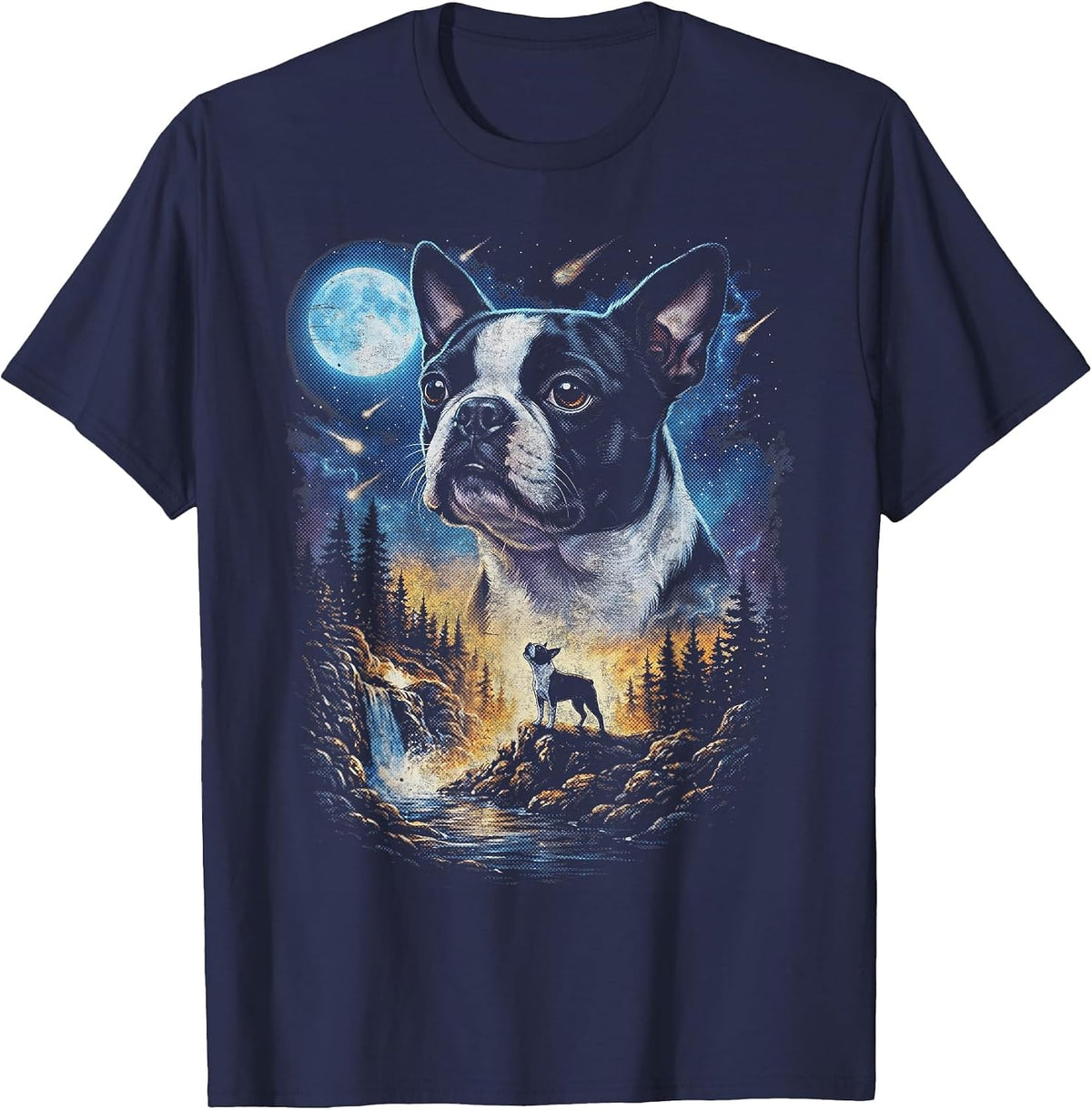Boston Terrier Howling At The Moon Vintage Dog Art T-Shirt - Navy Blue