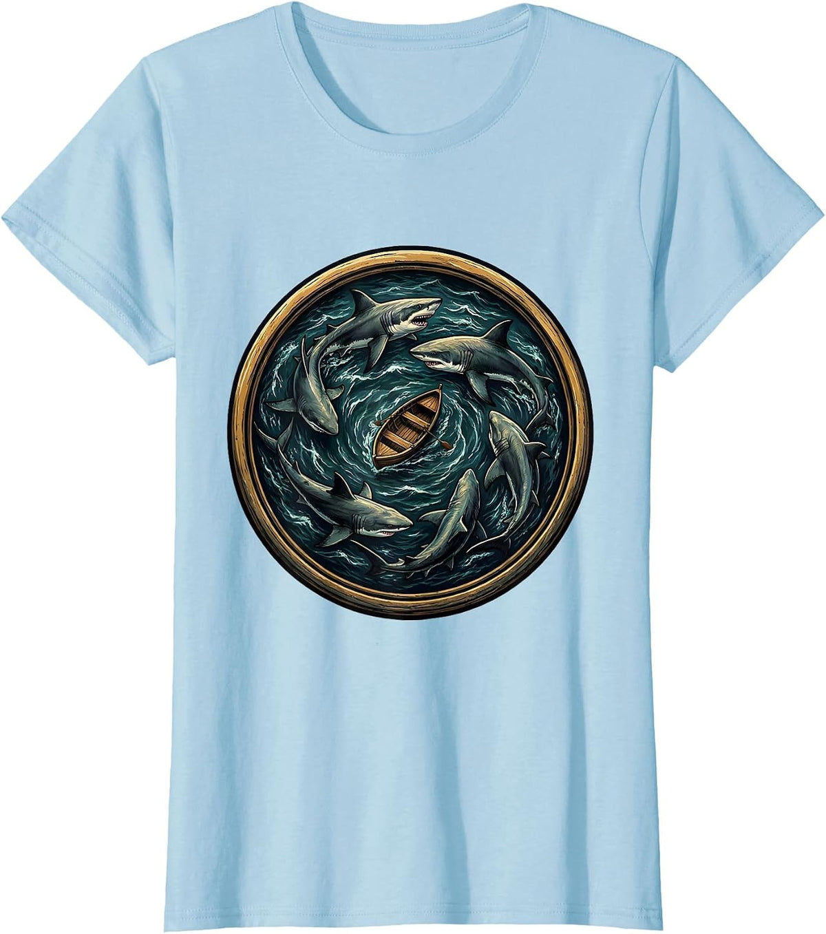 Pack of Sharks Circling a Boat Graphic T-Shirt - Baby Blue