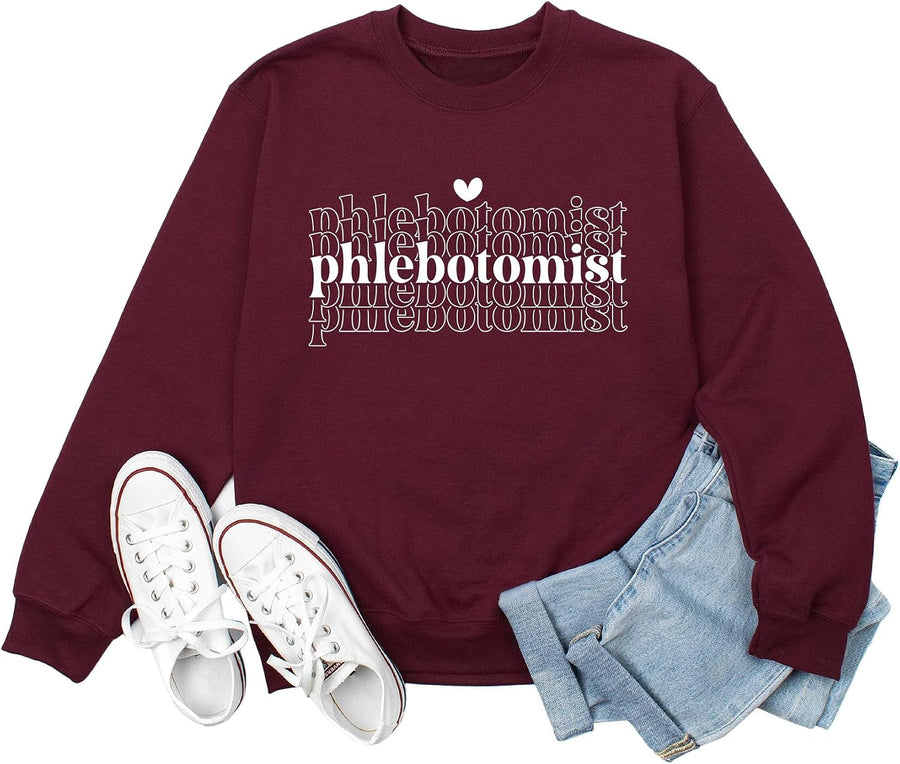 Phlebotomist Sweatshirt for Women Phlebotomy Technician Trendy Nurse Life Casual Long Sleeve Crewneck Pullover Tops - Red