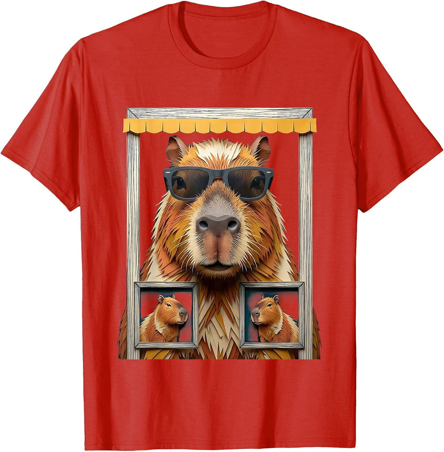 Capybara Photobooth Oversized Funny Animal Portrait T-Shirt - Red