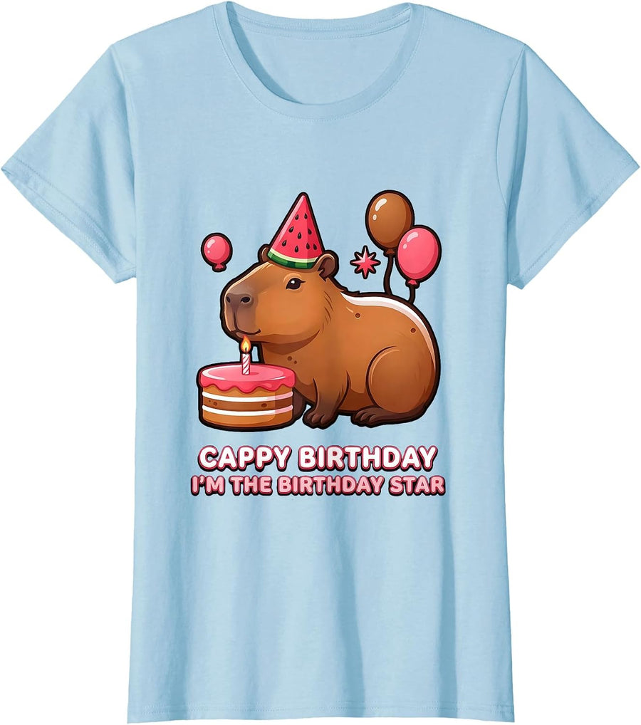 Women's Cappy Birthday I'm the Birthday Star Kawaii Capybara T-Shirt - Baby Blue