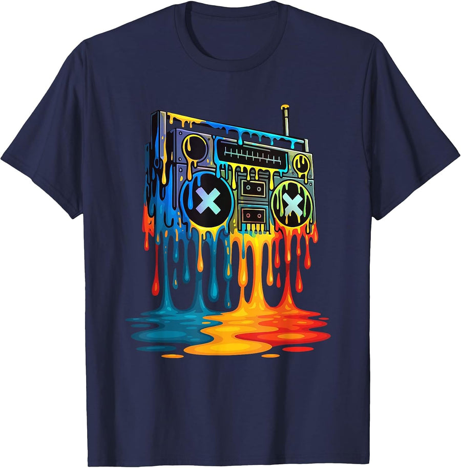 Dripping Paint Boombox - 80s 90s Old School Hip Hop T-Shirt - Navy Blue