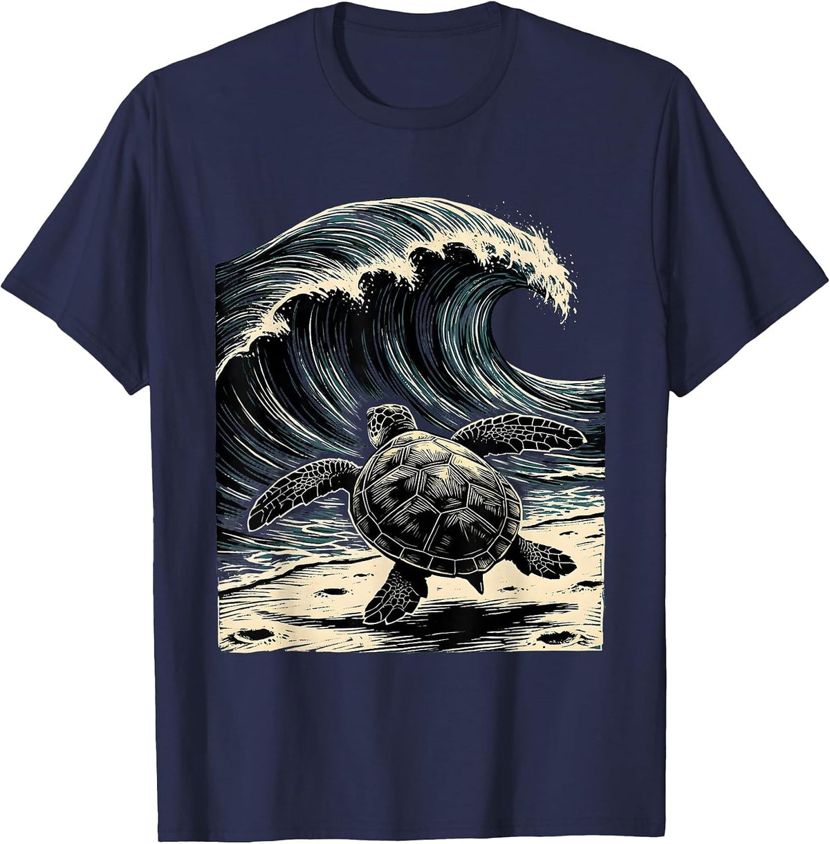 Baby Turtle Racing to the Ocean Waves T-Shirt - Navy Blue