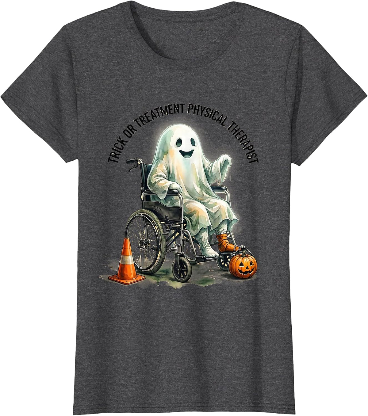 Women's Trick Or Treatment Physical Therapist Funny Ghost Halloween T-Shirt - Dark Heather Grey