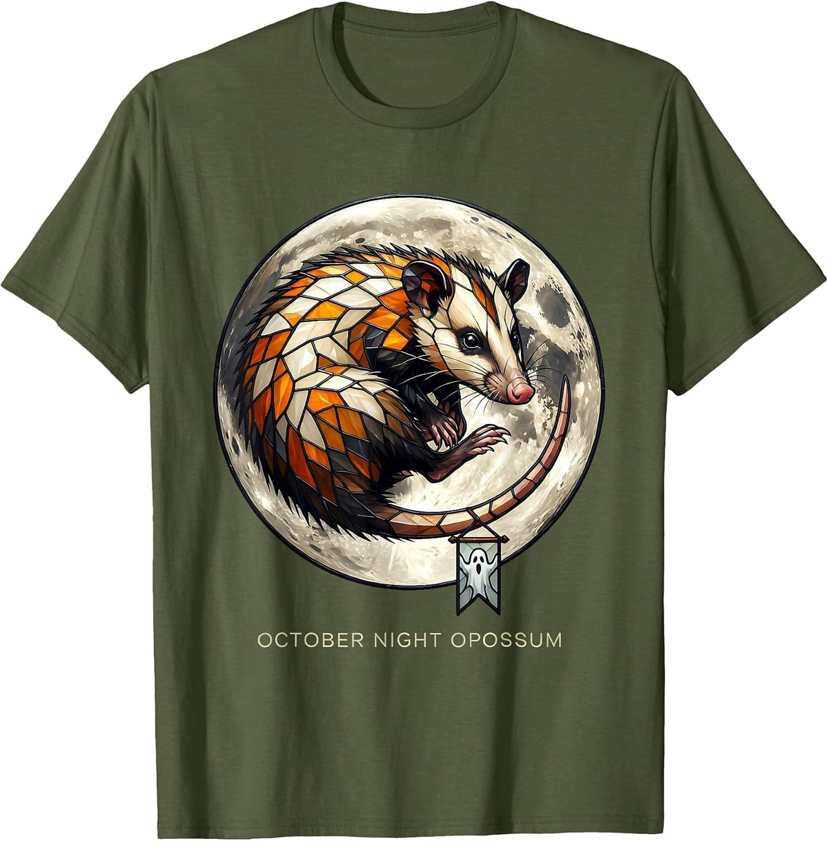 October Night Opossum Stained Glass Mosaic Spooky Halloween T-Shirt - Olive Green
