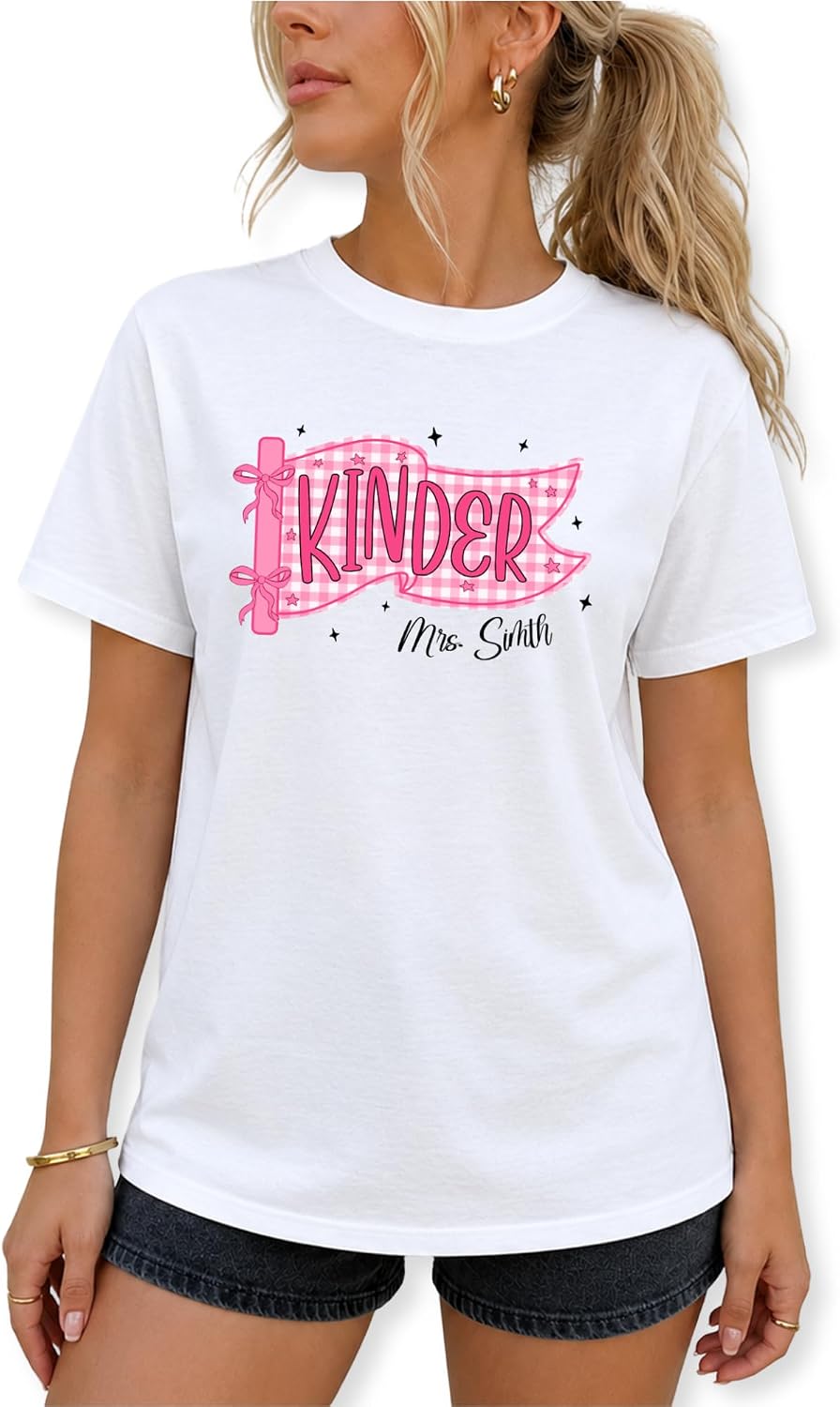 Custom Teacher T-Shirt, Grade & Name Pennant Flag Tee - Kinder