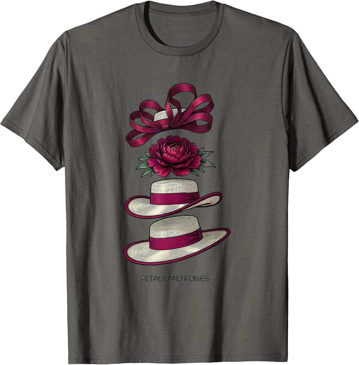 Petals and Ponies Floral Derby Fashion Design T-Shirt - Asphalt Grey