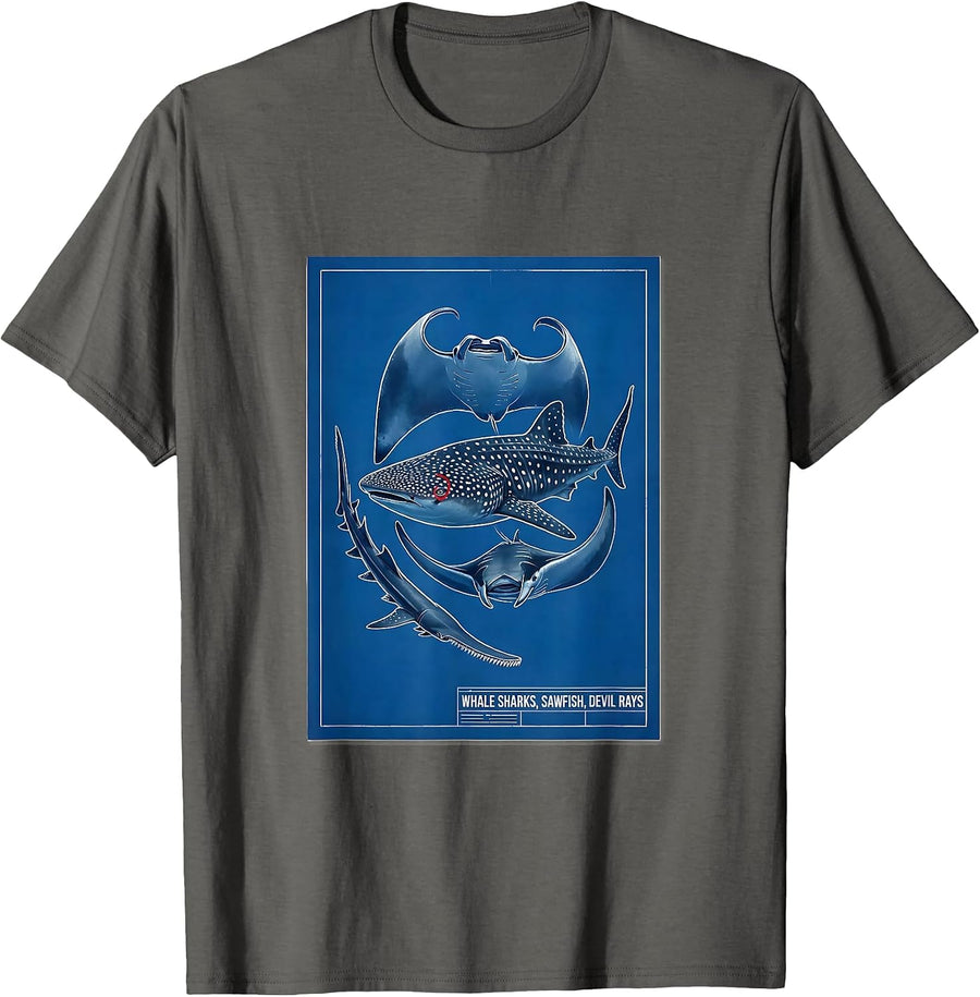 Whale Sharks Sawfish Devil Rays Technical Blueprint Marine T-Shirt - Asphalt Grey