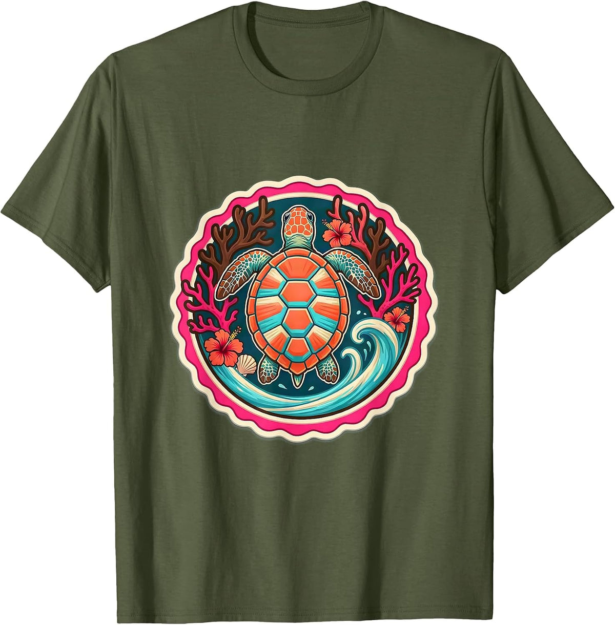 Men's Puerto Rico Sea Turtle Coral Reef Illustration T-Shirt - Olive Green