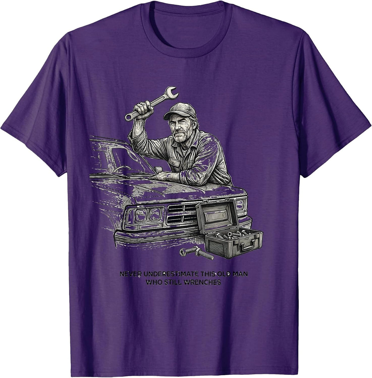 Never Underestimate This Old Man Who Still Wrenches Mechanic T-Shirt - Purple