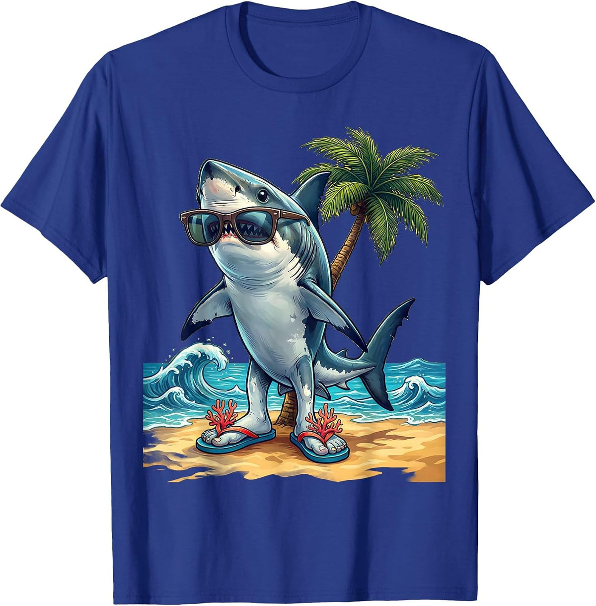 Shark In Flip Flops Funny Beach Graphic Tee T-Shirt - Royal Blue
