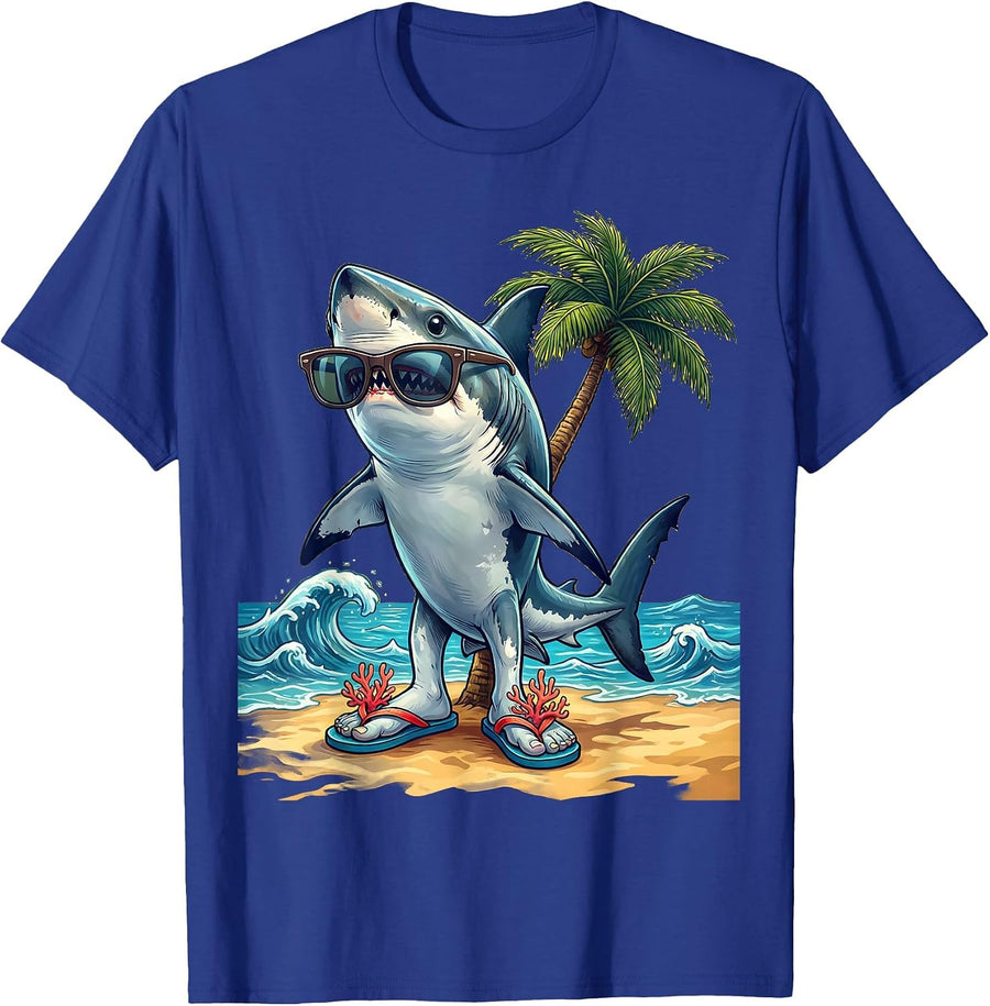 Shark In Flip Flops Funny Beach Graphic Tee T-Shirt - Royal Blue