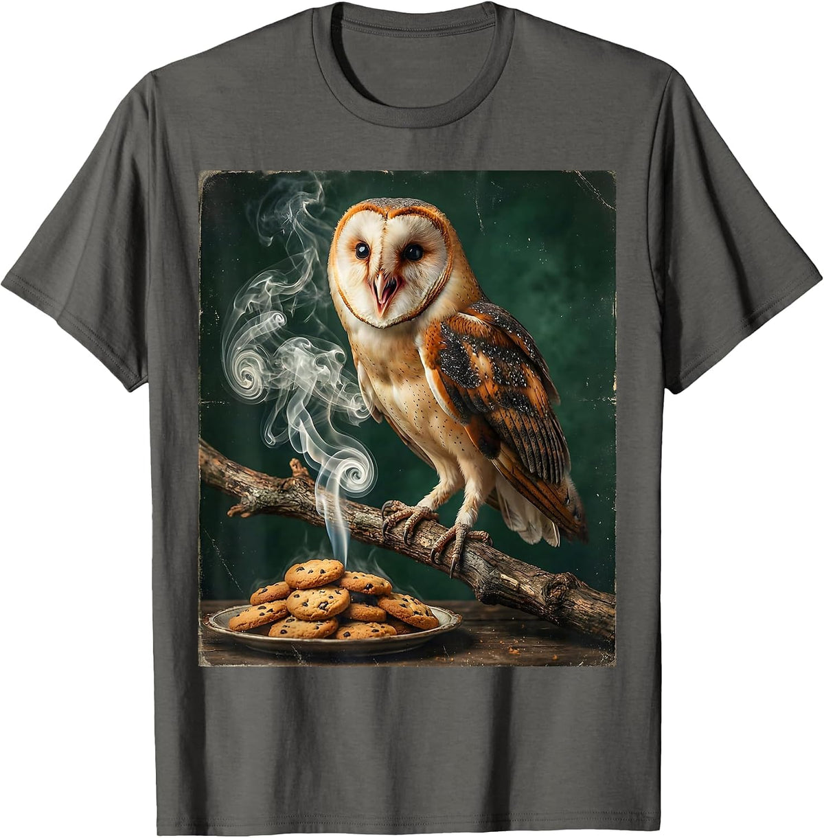 Men's Owl Sniffing Cookie Smoke Funny Halloween Graphic T-Shirt - Asphalt Grey
